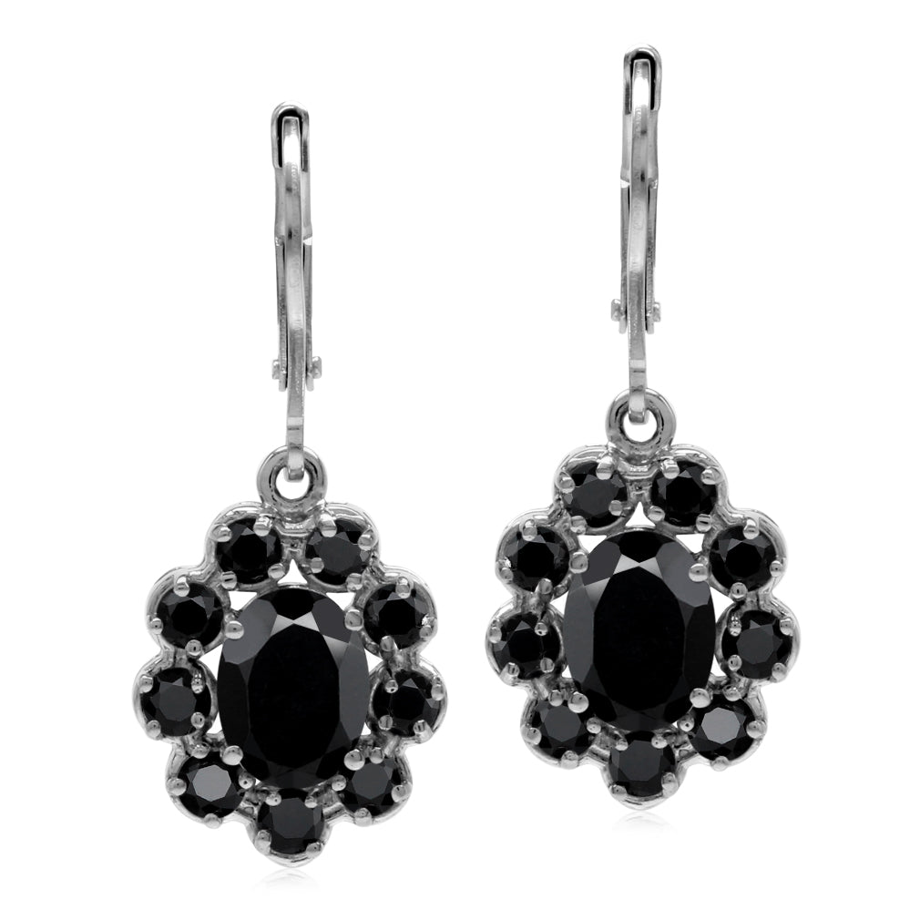 4.44 ct Natural Black Onyx 925 Sterling Silver Flower Cluster Leverback Dangle Earrings - Silvershake-store