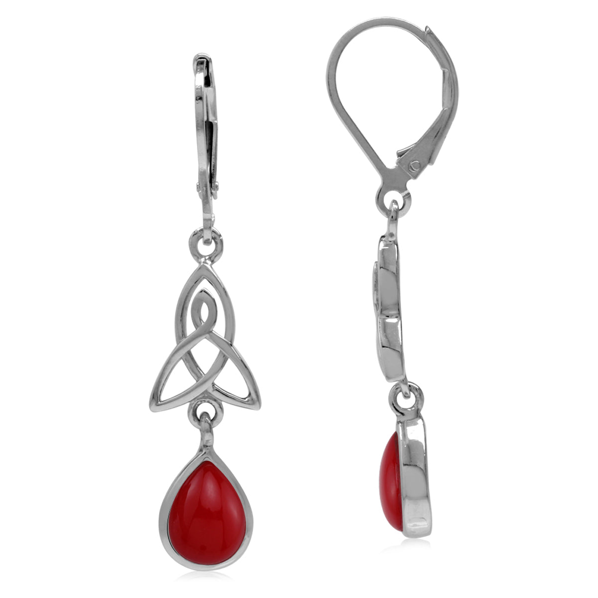 Created Red Coral 925 Sterling Silver Triquetra Celtic Knot Drop Dangle Leverback Earrings