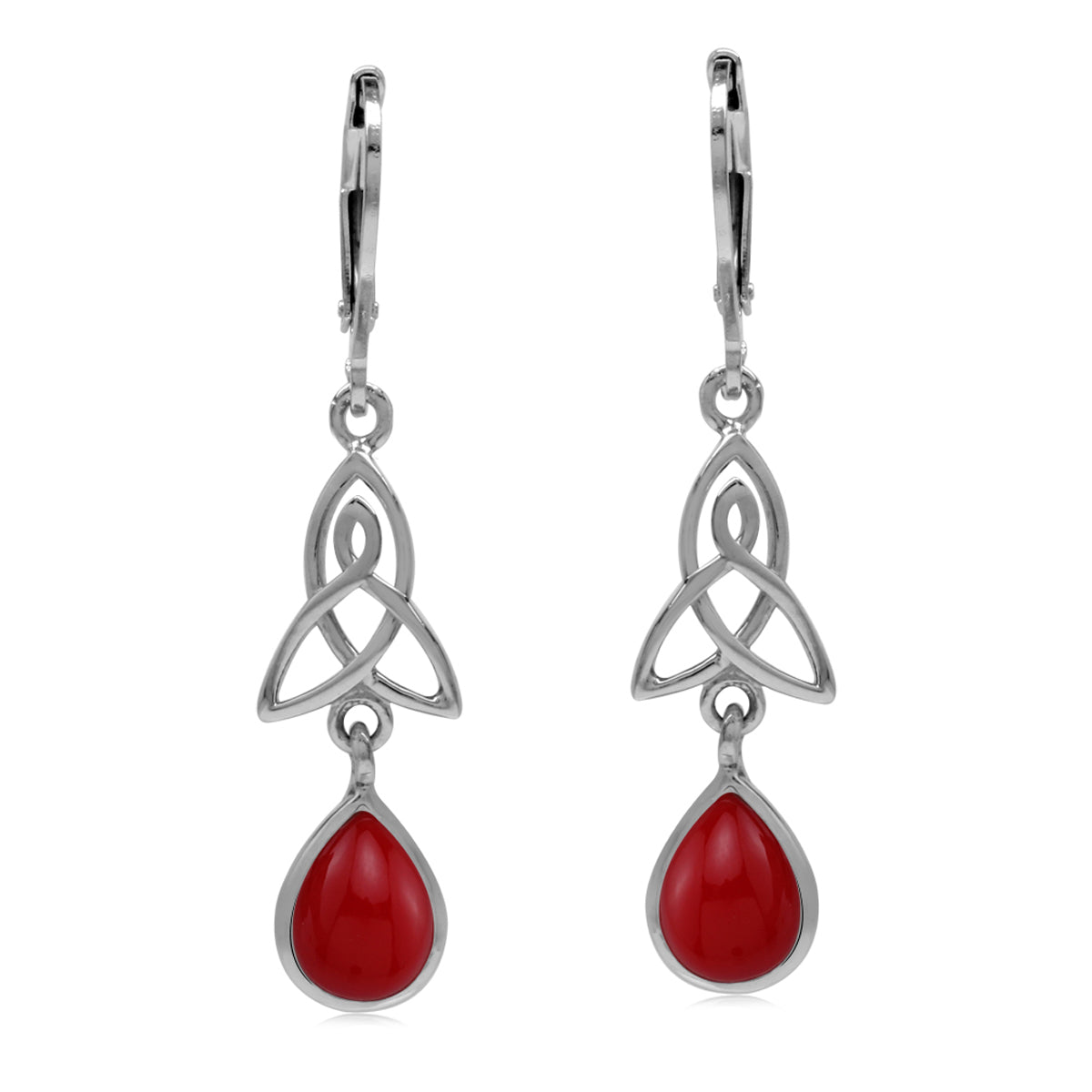 Created Red Coral 925 Sterling Silver Triquetra Celtic Knot Drop Dangle Leverback Earrings
