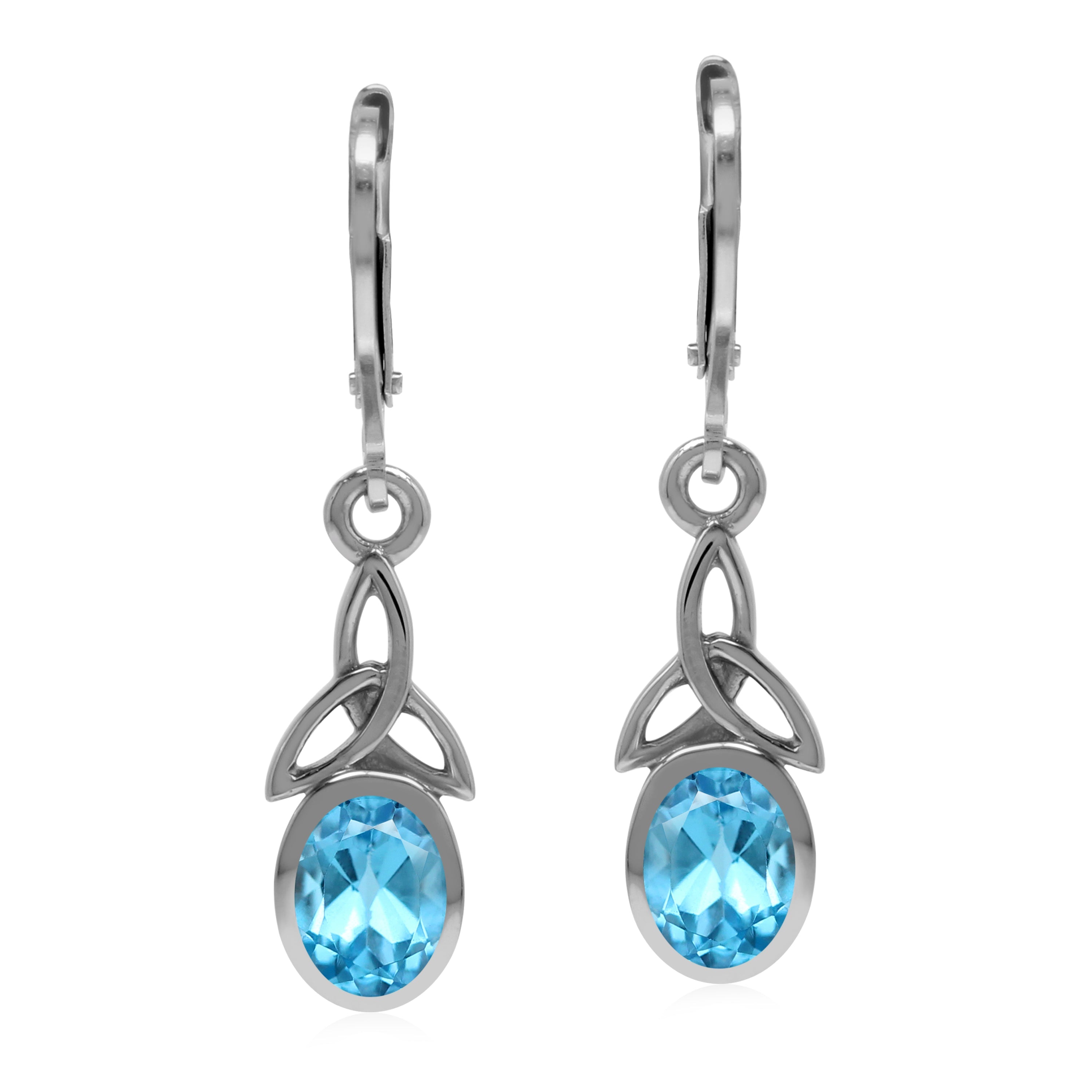 Genuine 2.02 CTW 7X5mm Swiss Blue Topaz 925 Sterling Silver Triquetra Celtic Knot Leverback Earrings Jewelry for Women December Birthstone Gemstone - Silvershake-store