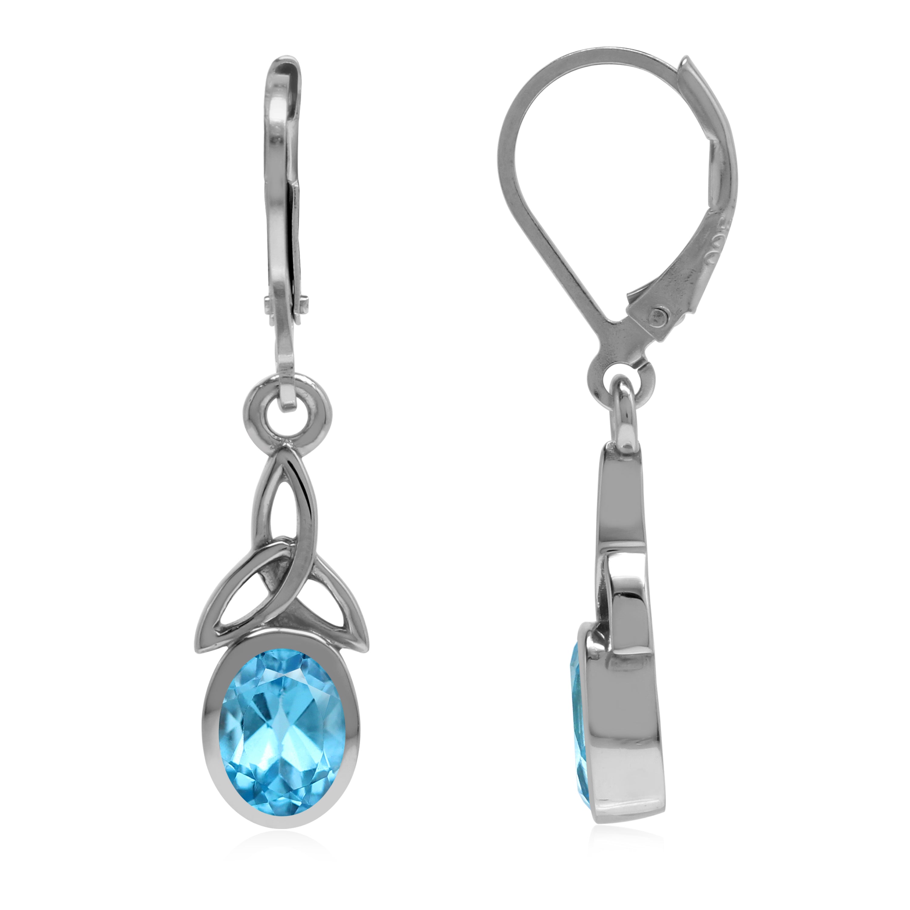 Genuine 2.02 CTW 7X5mm Swiss Blue Topaz 925 Sterling Silver Triquetra Celtic Knot Leverback Earrings Jewelry for Women December Birthstone Gemstone - Silvershake-store