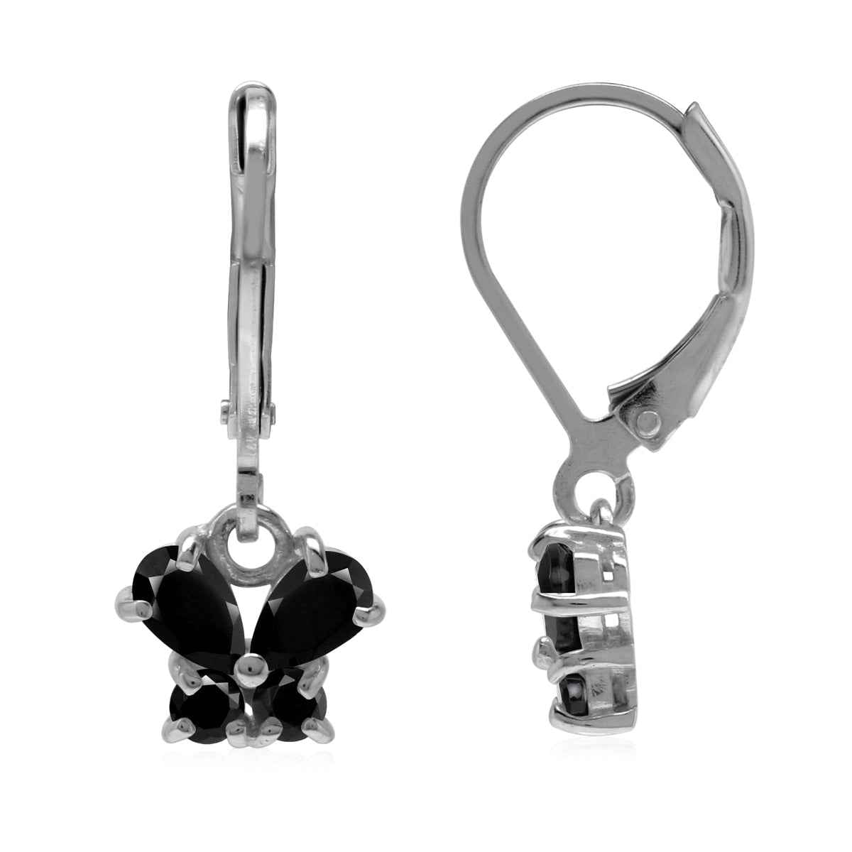 Petite Black Onyx 925 Sterling Silver Butterfly Leverback Dangle Earrings