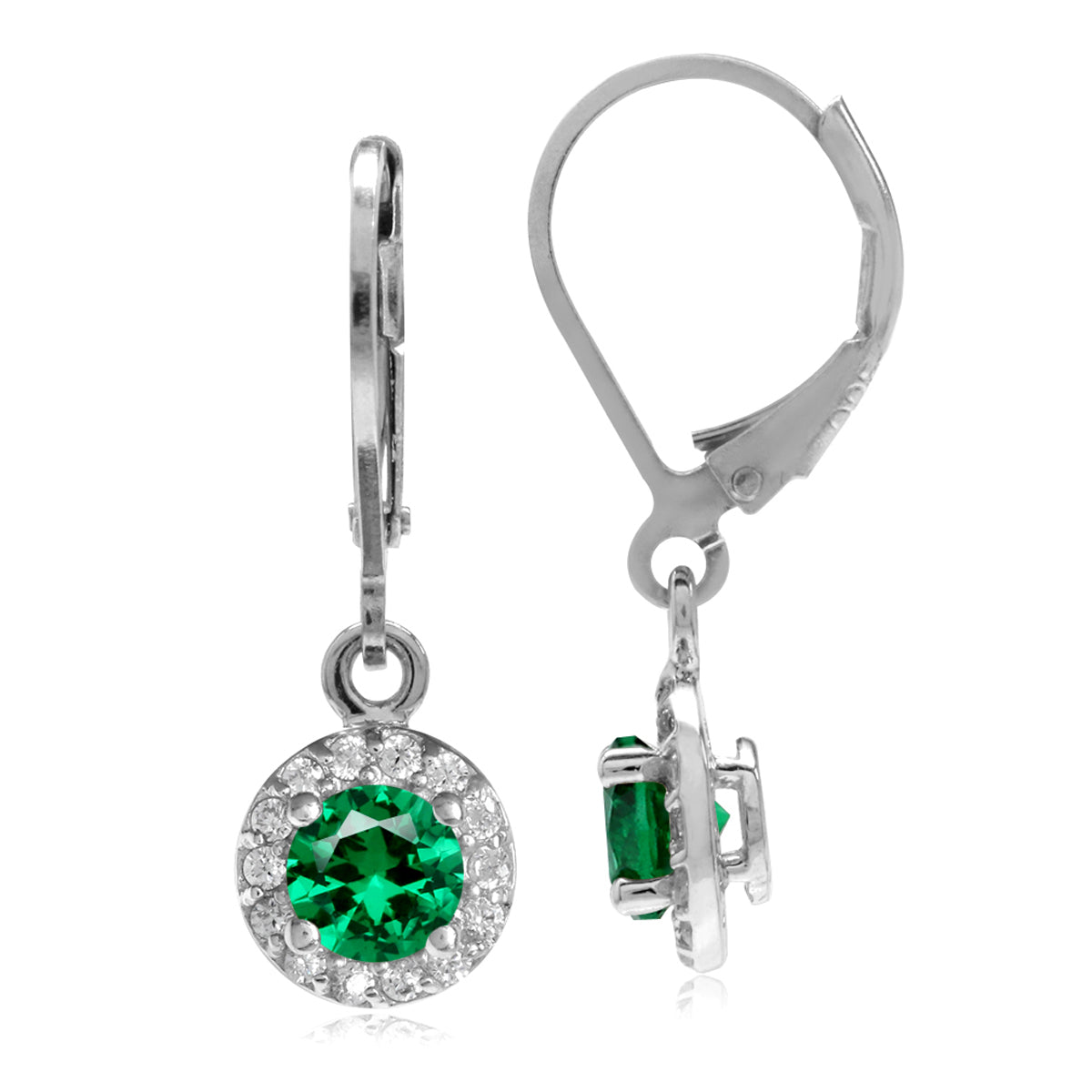 5MM Created Nano Green Emerald & White CZ 925 Sterling Silver Halo Leverback Dangle Earrings