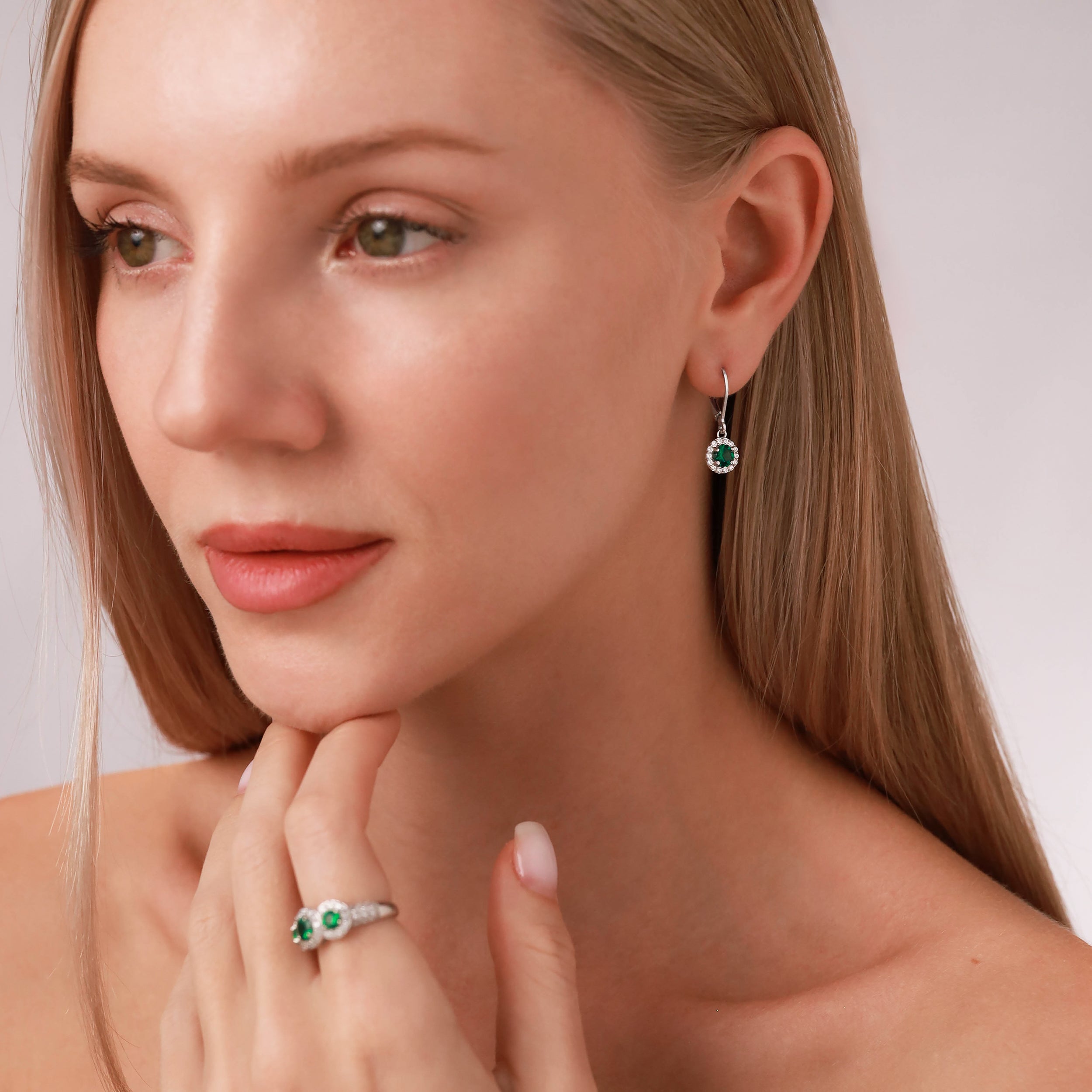 5MM Created Nano Green Emerald & White CZ 925 Sterling Silver Halo Leverback Dangle Earrings