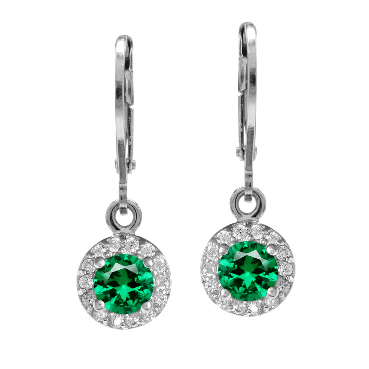 5MM Created Nano Green Emerald & White CZ 925 Sterling Silver Halo Leverback Dangle Earrings