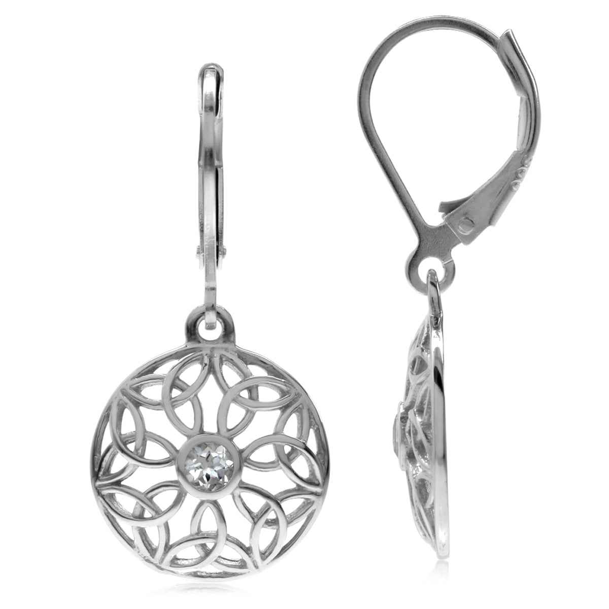 Genuine White Topaz 925 Sterling Silver Triquetra Celtic Knot Circle Disc Leverback Dangle Gemstone Earrings