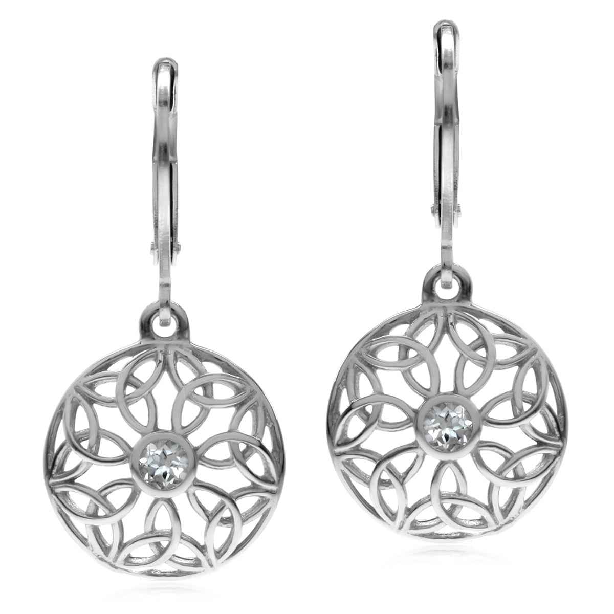 Genuine White Topaz 925 Sterling Silver Triquetra Celtic Knot Circle Disc Leverback Dangle Gemstone Earrings