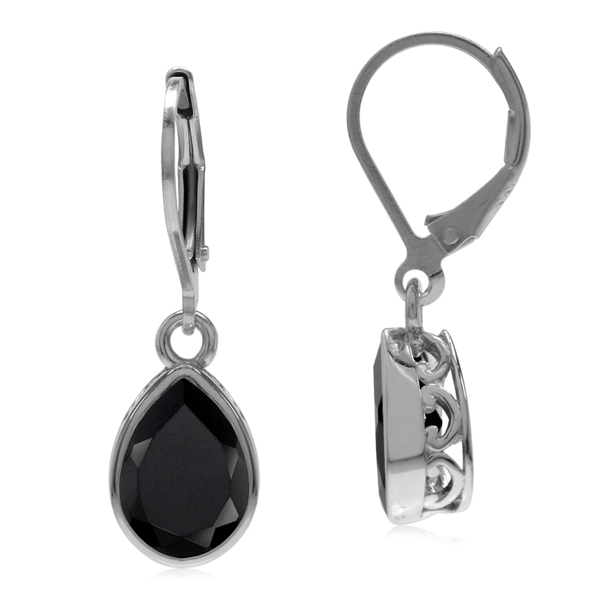 3.26ct. Natural Black Onyx 925 Sterling Silver Heart Victorian Style Drop Dangle Leverback Gemstone Earrings - Silvershake-store