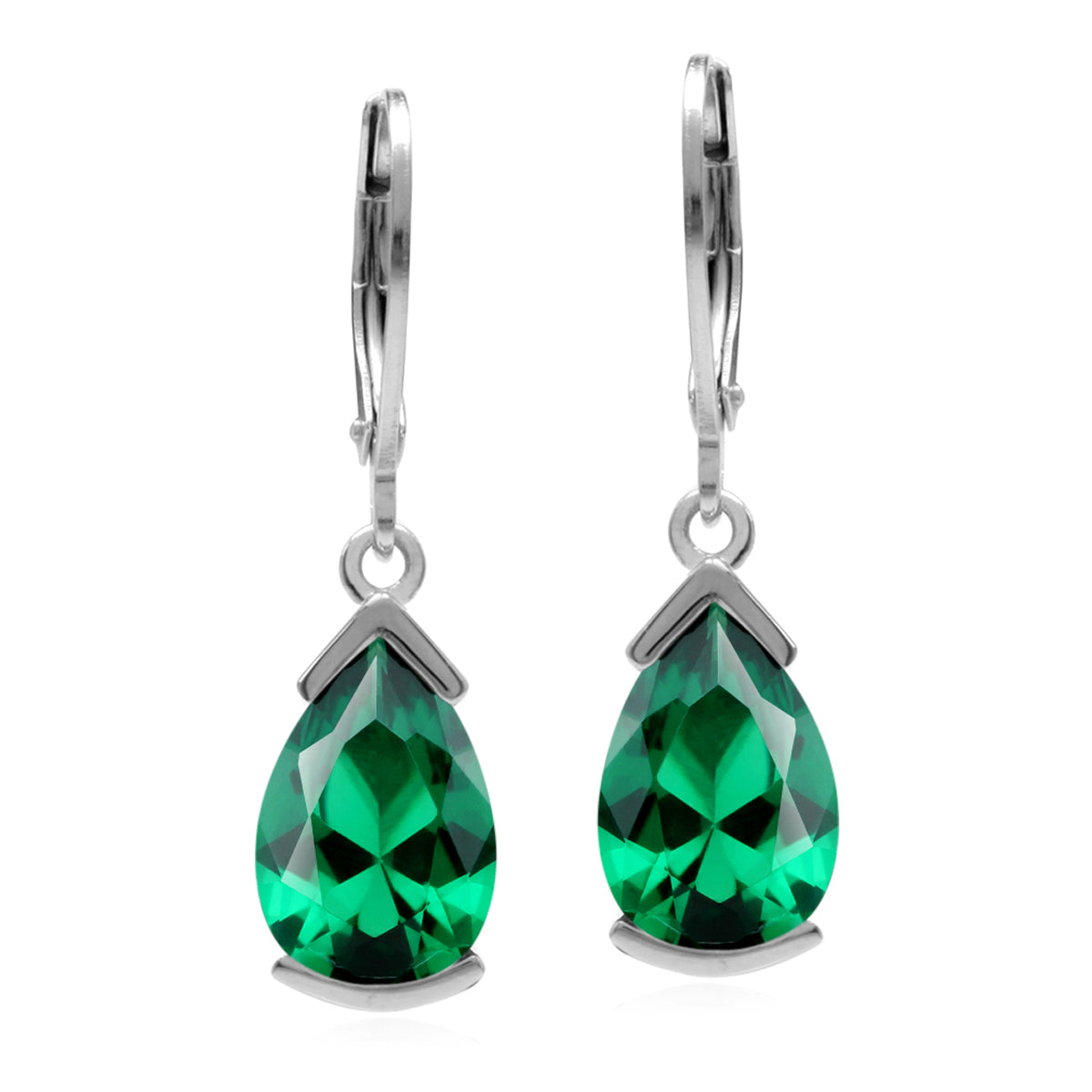 12x8mm Pear Shape Created Nano Green Emerald 925 Sterling Silver Drop Leverback Earrings May Birthstone Gemstone