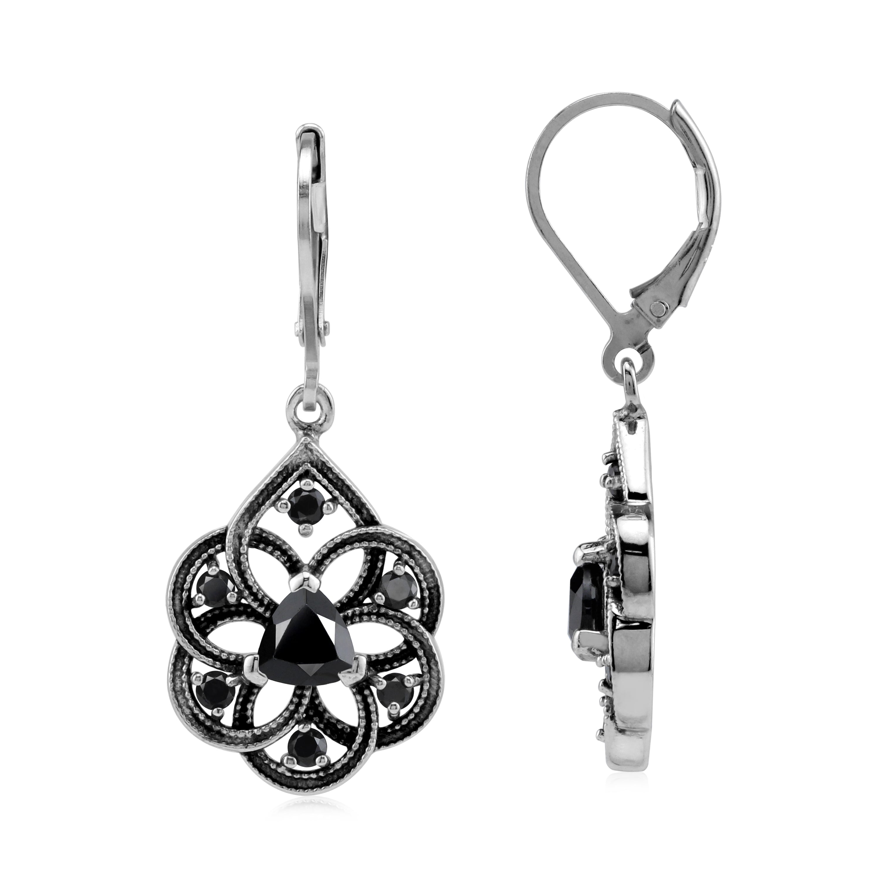 Silvershake Black Onyx 925 Sterling Silver Filigree Dangle Drop Leverback Earrings - Silvershake-store
