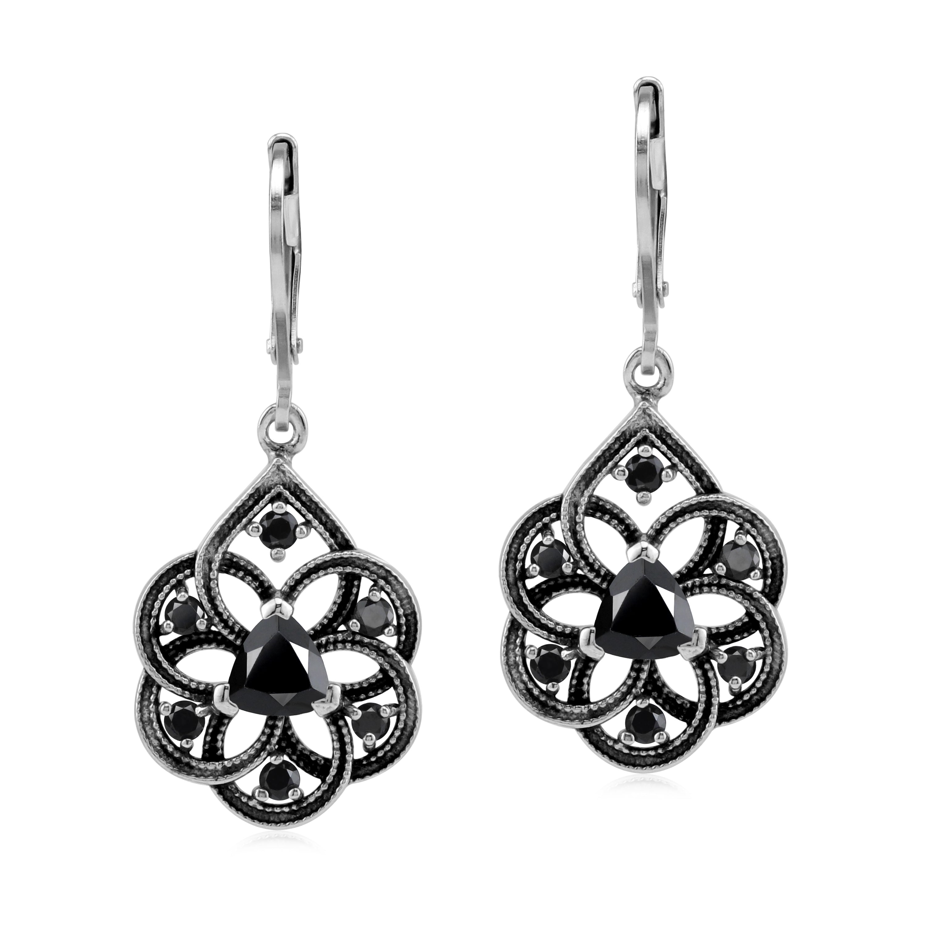 Silvershake Black Onyx 925 Sterling Silver Filigree Dangle Drop Leverback Earrings - Silvershake-store