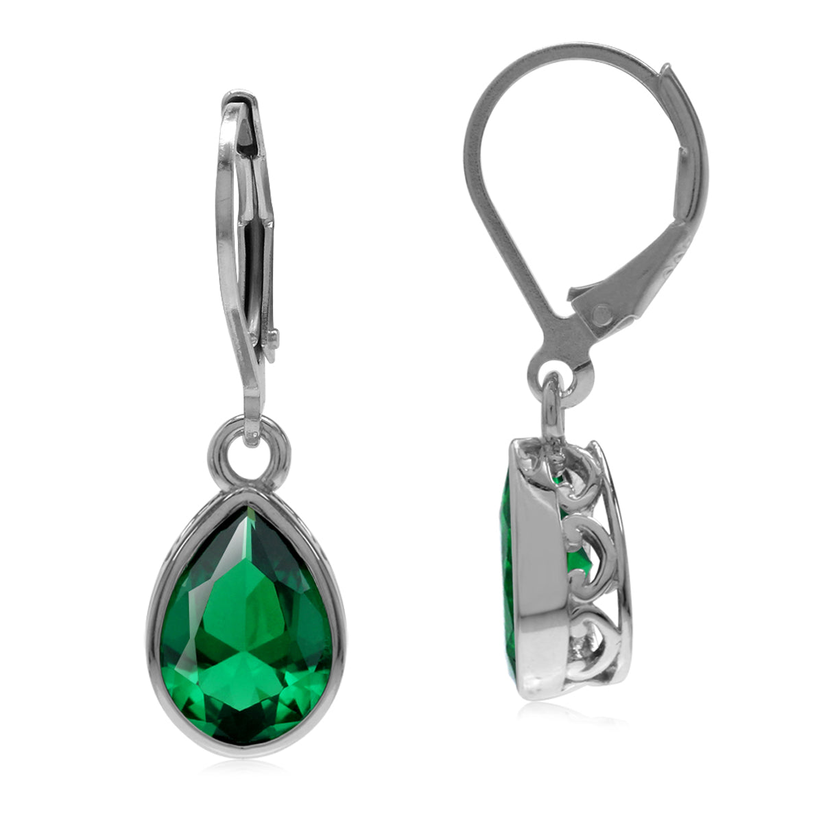 Created Nano Green Emerald 925 Sterling Silver Heart Victorian Style Drop Dangle Leverback Earrings May Gemstone Birthstone - Silvershake-store