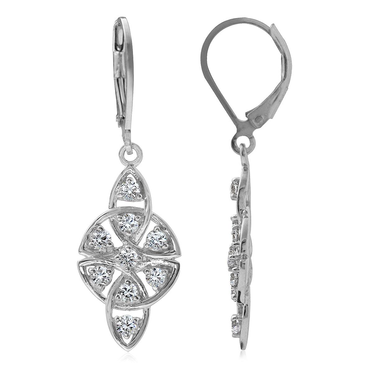 White Cubic Zirconia 925 Sterling Silver Filigree Triquetra Celtic Knot Leverback Earrings