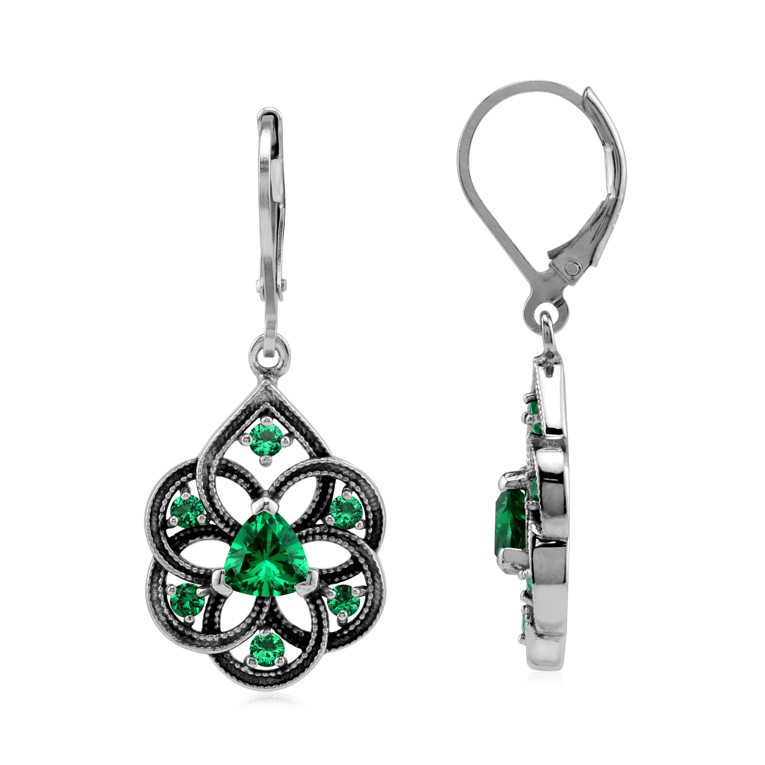 Created Nano Green Emerald 925 Sterling Silver Filigree Dangle Drop Leverback Earrings Jewelry for Women May Gemstone Birthstone - Silvershake-store