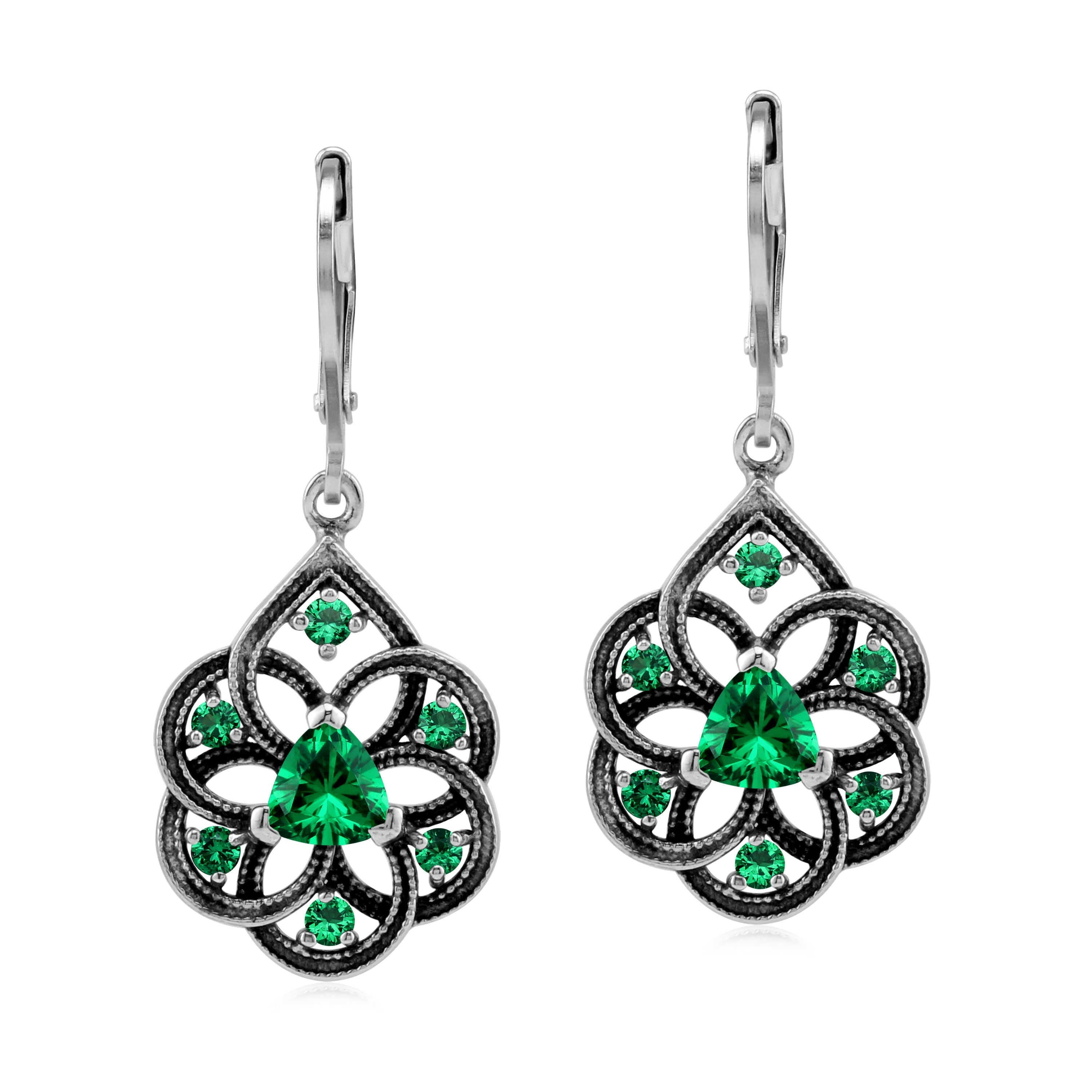 Created Nano Green Emerald 925 Sterling Silver Filigree Dangle Drop Leverback Earrings Jewelry for Women May Gemstone Birthstone - Silvershake-store