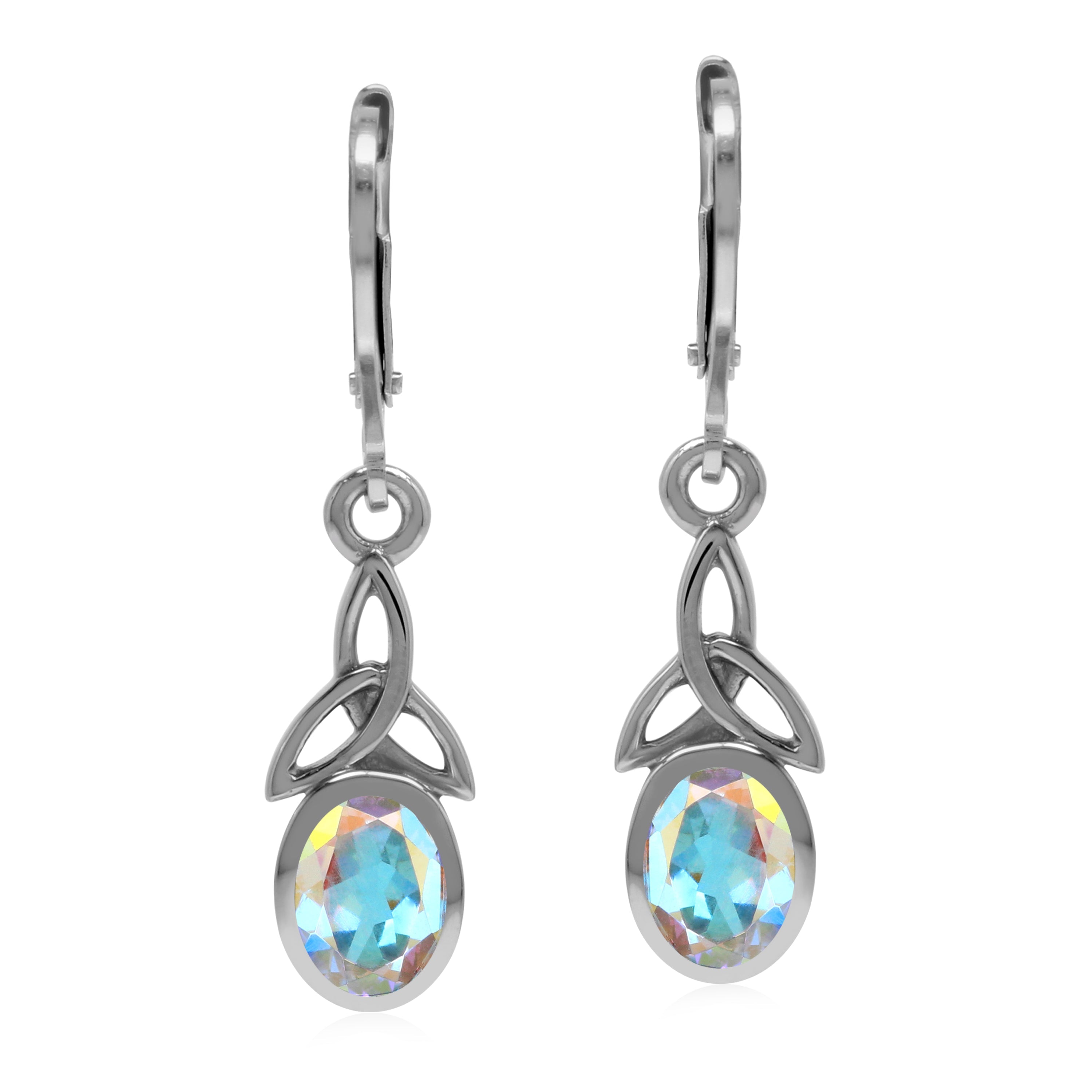 1.8 CTW 7X5mm Oval Shape Genuine Mercury Mist Aurora Borealis (AB) Topaz 925 Sterling Silver Triquetra Celtic Knot Leverback Dangle Gemstone Earrings - Silvershake-store