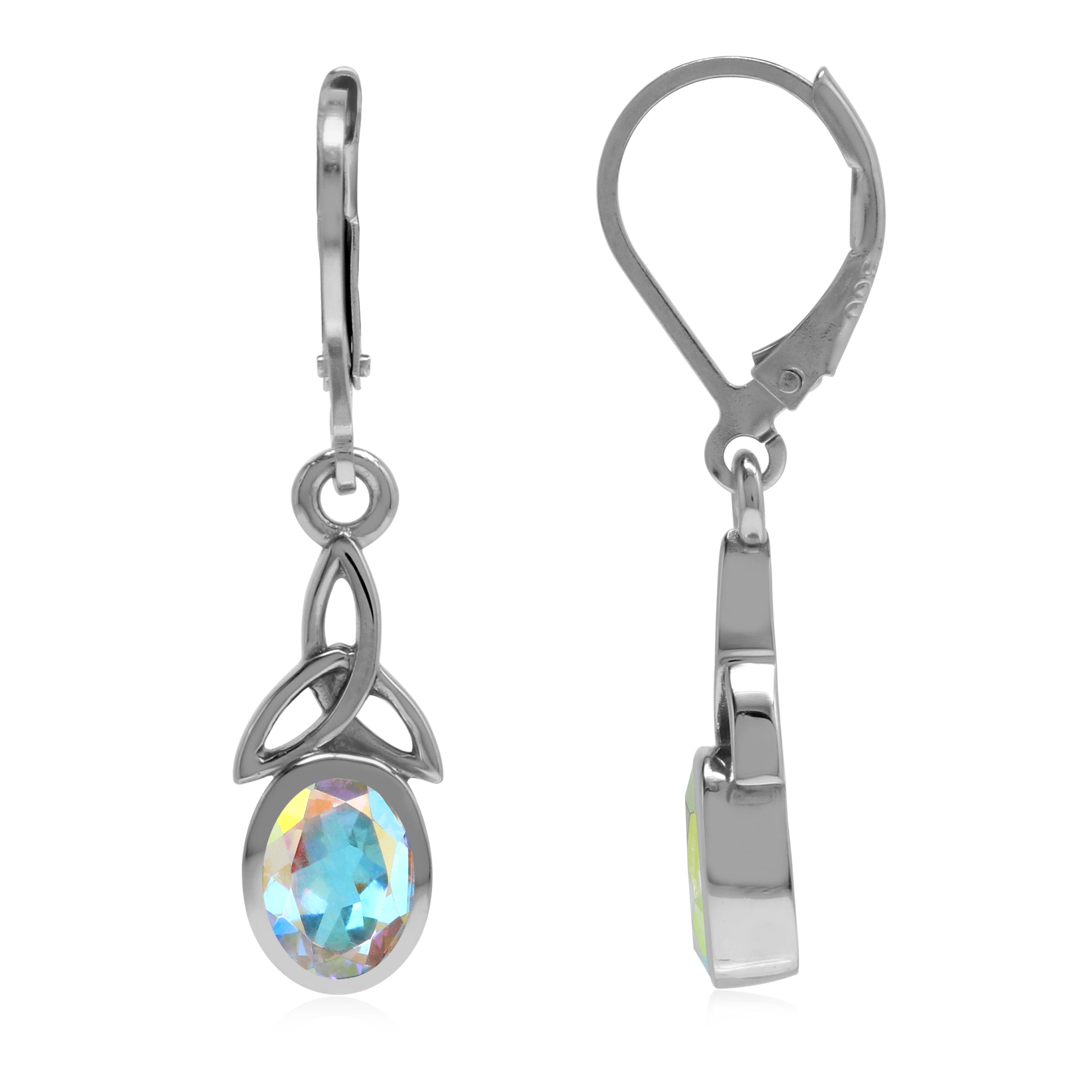 1.8 CTW 7X5mm Oval Shape Genuine Mercury Mist Aurora Borealis (AB) Topaz 925 Sterling Silver Triquetra Celtic Knot Leverback Dangle Gemstone Earrings - Silvershake-store