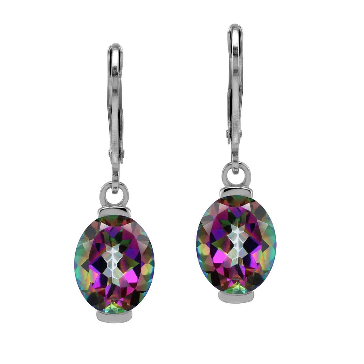 10X8mm 6 CTW Genuine Oval Shape Mystic Fire Rainbow Topaz 925 Sterling Silver Leverback Dangle Gemstone Earrings
