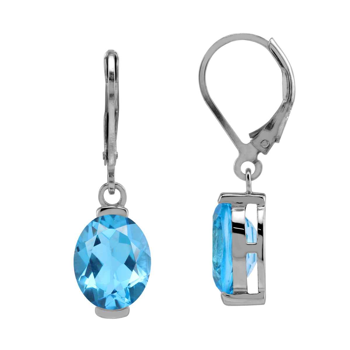 10X8mm 6.42 CTW Genuine Oval Shape Swiss Blue Topaz 925 Sterling Silver Leverback Dangle Earrings