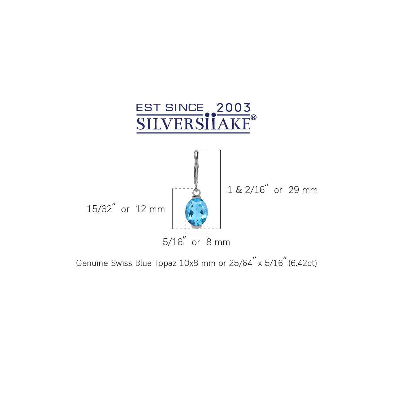 10X8mm 6.42 CTW Genuine Oval Shape Swiss Blue Topaz 925 Sterling Silver Leverback Dangle Earrings