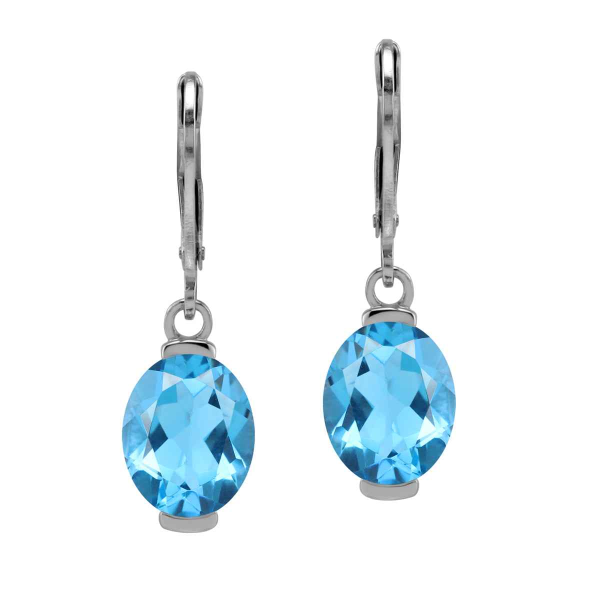 10X8mm 6.42 CTW Genuine Oval Shape Swiss Blue Topaz 925 Sterling Silver Leverback Dangle Earrings