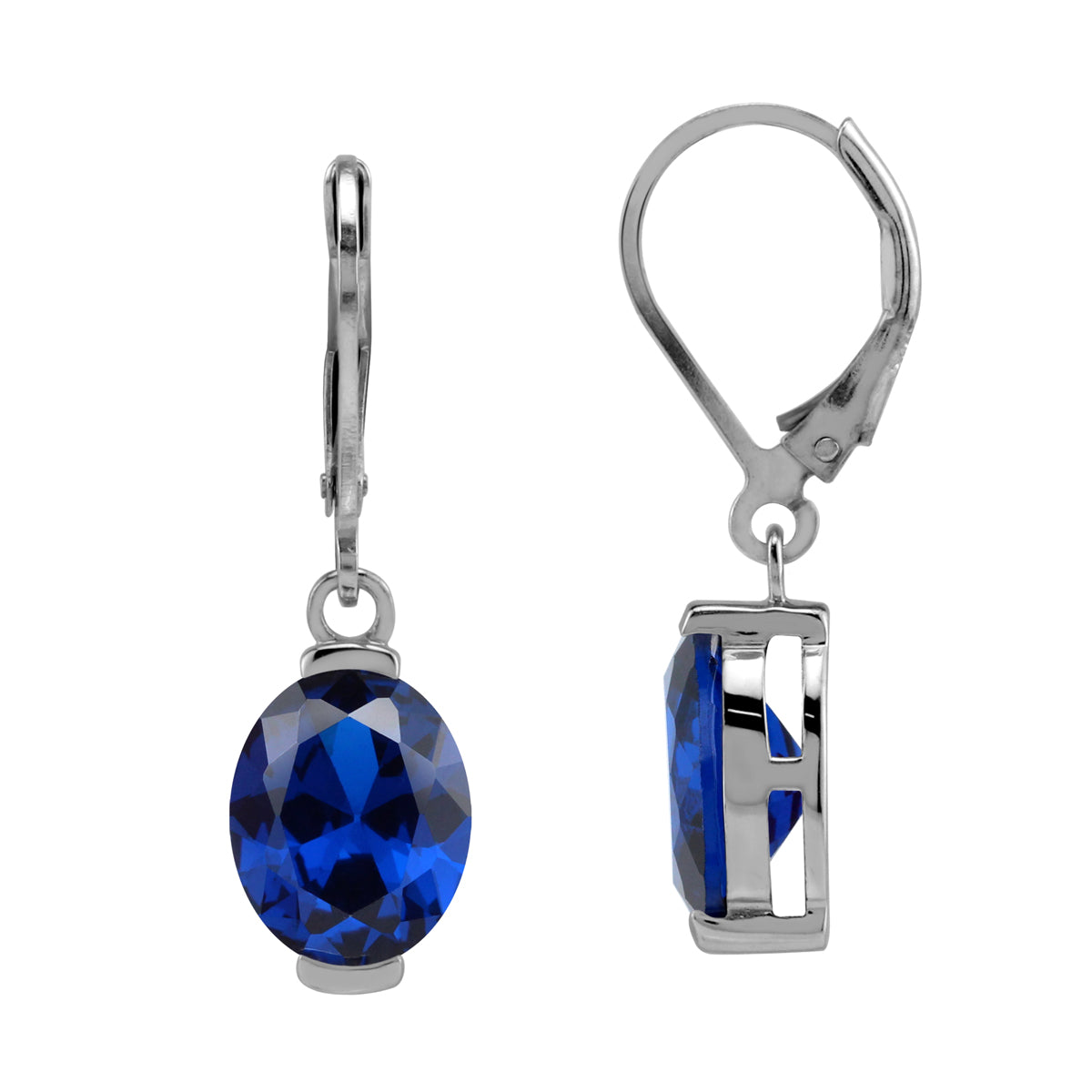 10X8mm Created Oval Shape Blue Sapphire 925 Sterling Silver Leverback Dangle Earrings