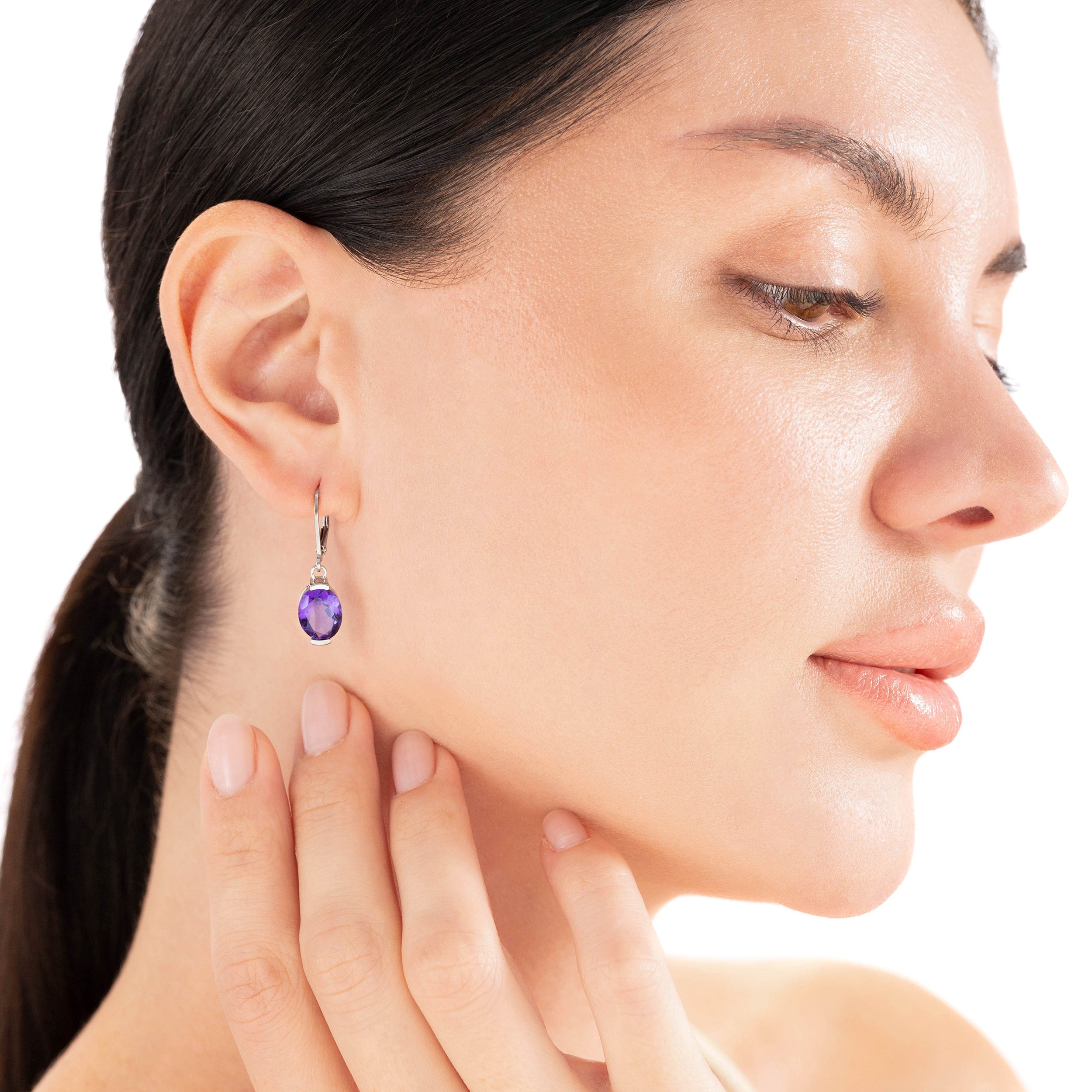 10X8mm Created Oval Shape Blue Sapphire 925 Sterling Silver Leverback Dangle Earrings