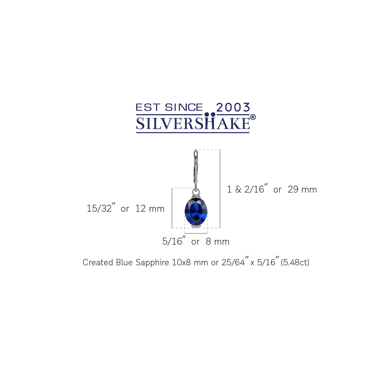 10X8mm Created Oval Shape Blue Sapphire 925 Sterling Silver Leverback Dangle Earrings