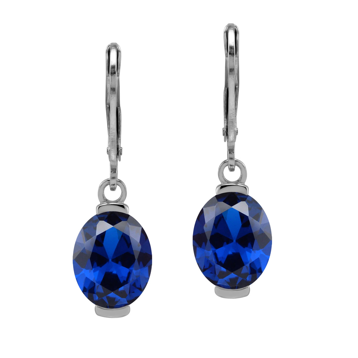10X8mm Created Oval Shape Blue Sapphire 925 Sterling Silver Leverback Dangle Earrings