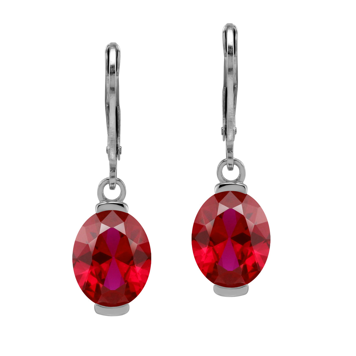 10X8mm Simulated Oval Shape Red Ruby 925 Sterling Silver Leverback Dangle Earrings