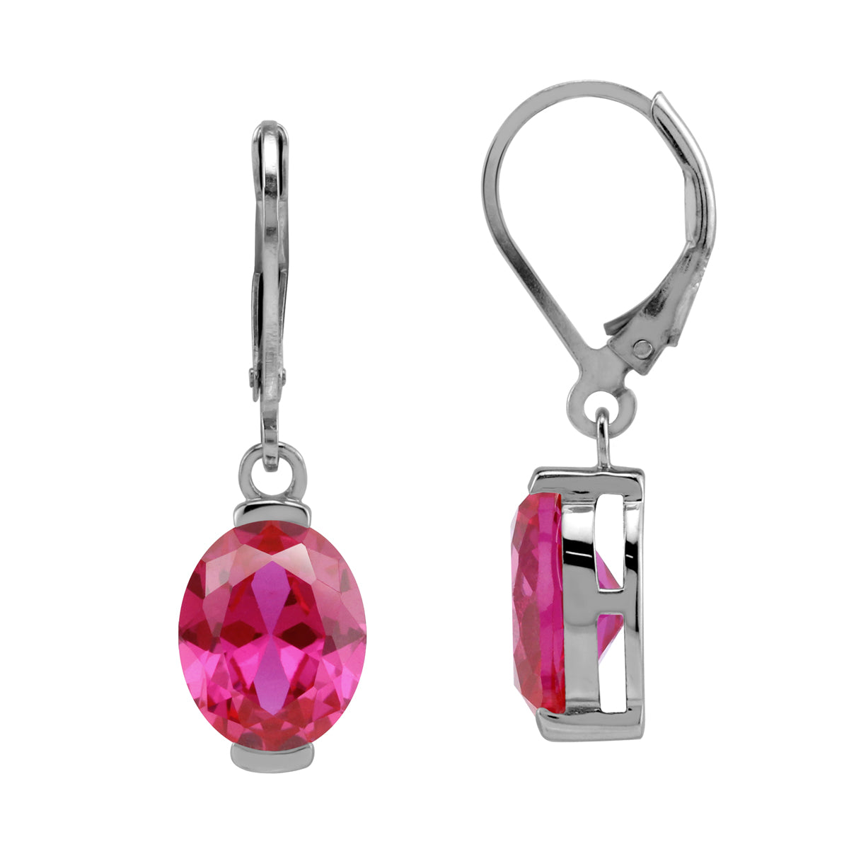 10X8mm Created Oval Shape Pink Tourmaline White Gold Plated 925 Sterling Silver Leverback Dangle Earrings