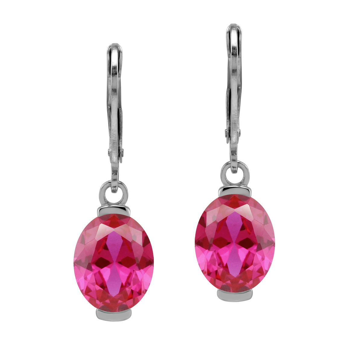 10X8mm Created Oval Shape Pink Tourmaline White Gold Plated 925 Sterling Silver Leverback Dangle Earrings