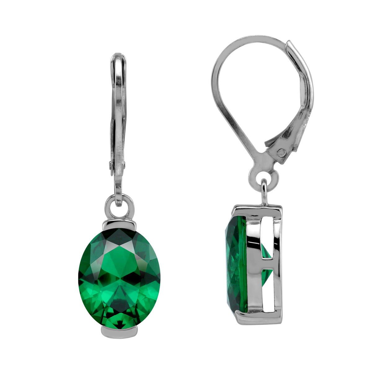 10X8mm Created Oval Shape Nano Green Emerald 925 Sterling Silver Leverback Dangle Earrings