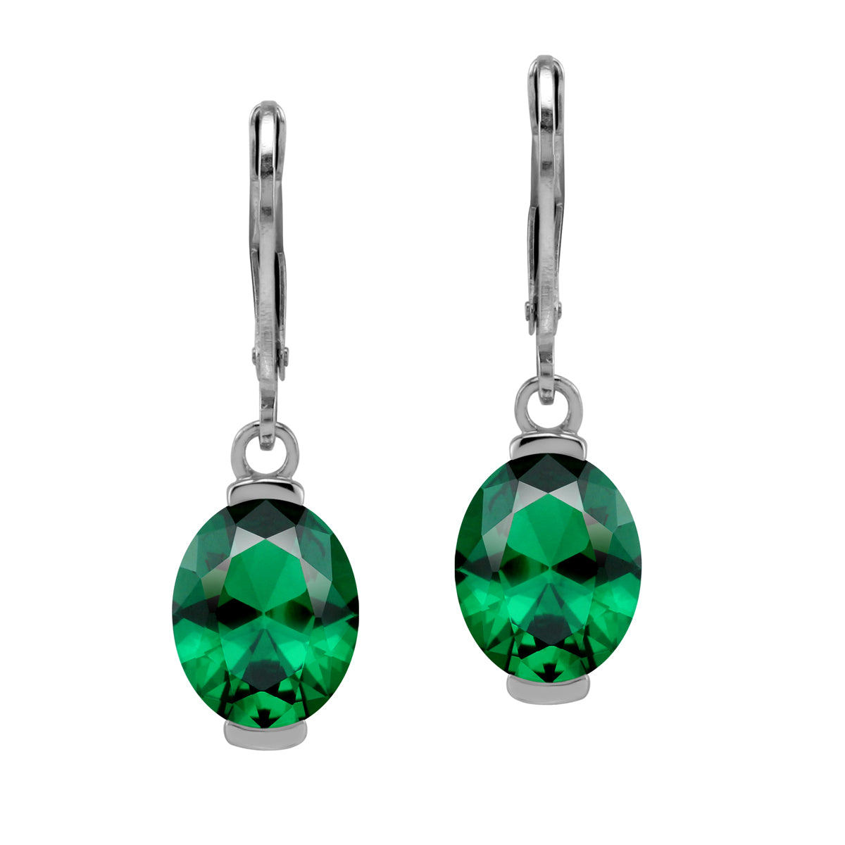 10X8mm Created Oval Shape Nano Green Emerald 925 Sterling Silver Leverback Dangle Earrings