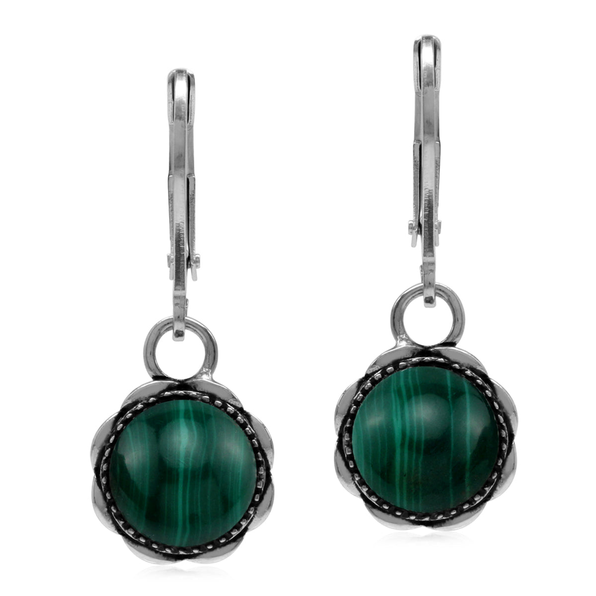 8MM Created Round Shape Green Malachite 925 Sterling Silver Filigree Leverback Dangle Earrings Gemstone Jewelry for Women - Silvershake-store