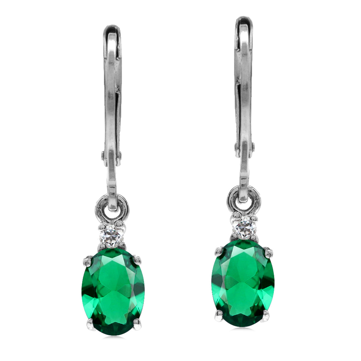 Petite Created Oval Shape Nano Green Emerald 925 Sterling Silver Leverback Dangle Earrings May Gemstone Birthstone Jewelry for Women - Silvershake-store