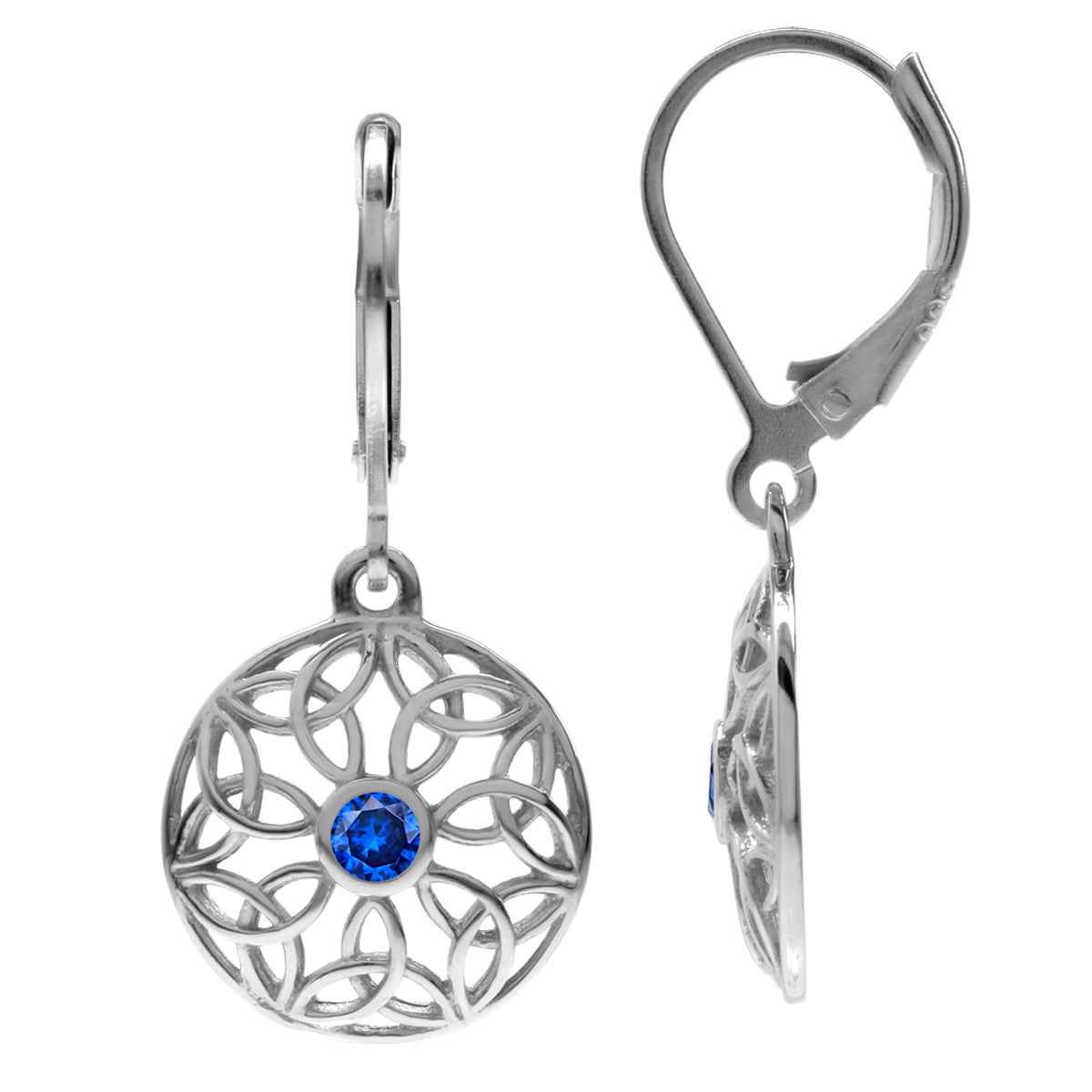 Created Blue Sapphire White Gold Plated 925 Sterling Silver Scroll / Filigree Triquetra Celtic Knot Weave Circle Leverback Dangle Earrings