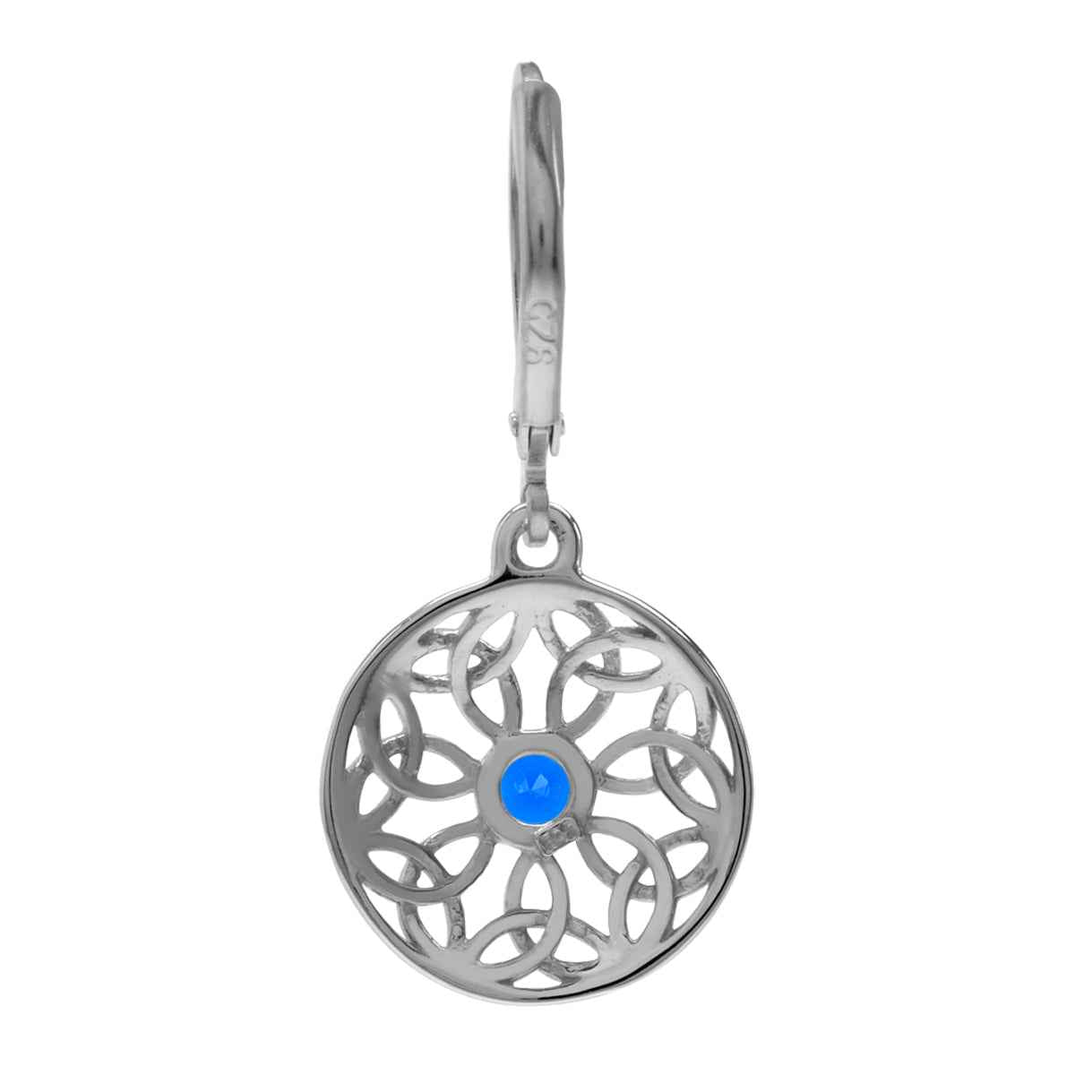 Created Blue Sapphire White Gold Plated 925 Sterling Silver Scroll / Filigree Triquetra Celtic Knot Weave Circle Leverback Dangle Earrings