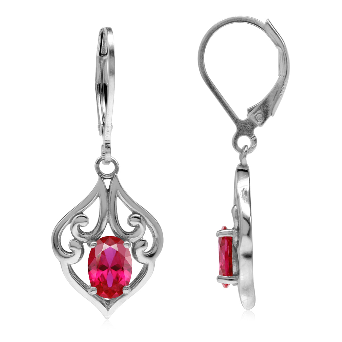 Simulated Red Ruby 925 Sterling Silver Victorian Style Leverback Dangle Earrings - Silvershake-store
