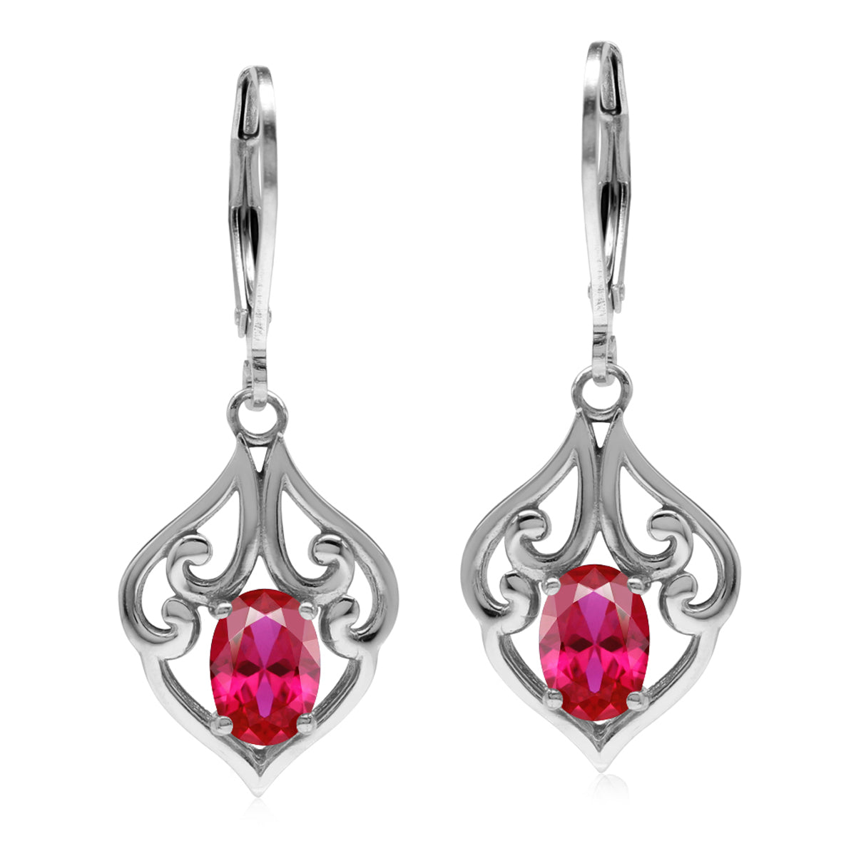 Simulated Red Ruby 925 Sterling Silver Victorian Style Leverback Dangle Earrings - Silvershake-store