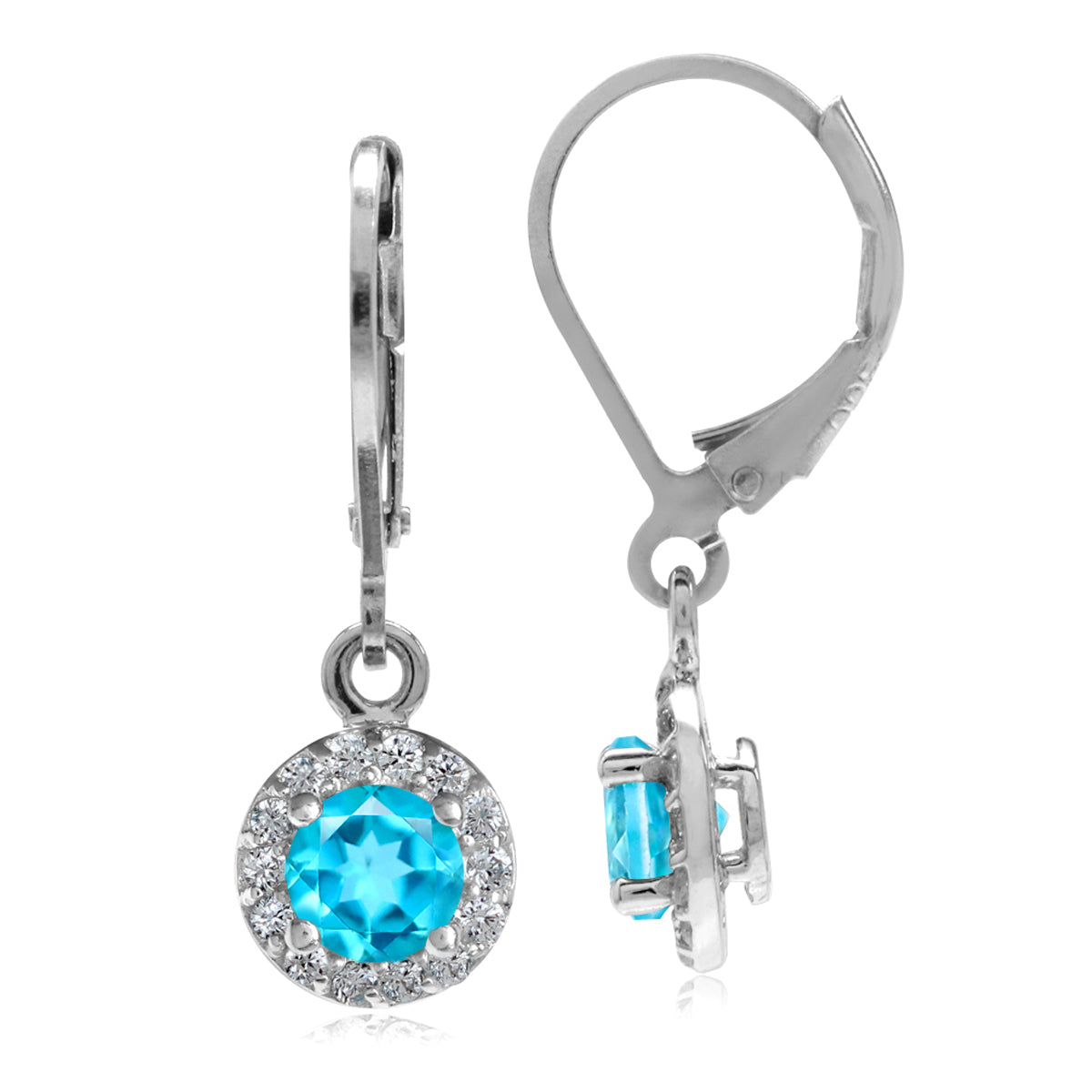 5MM Genuine Round Shape Paraiba Neon Blue Topaz 925 Sterling Silver Halo Leverback Dangle Earrings