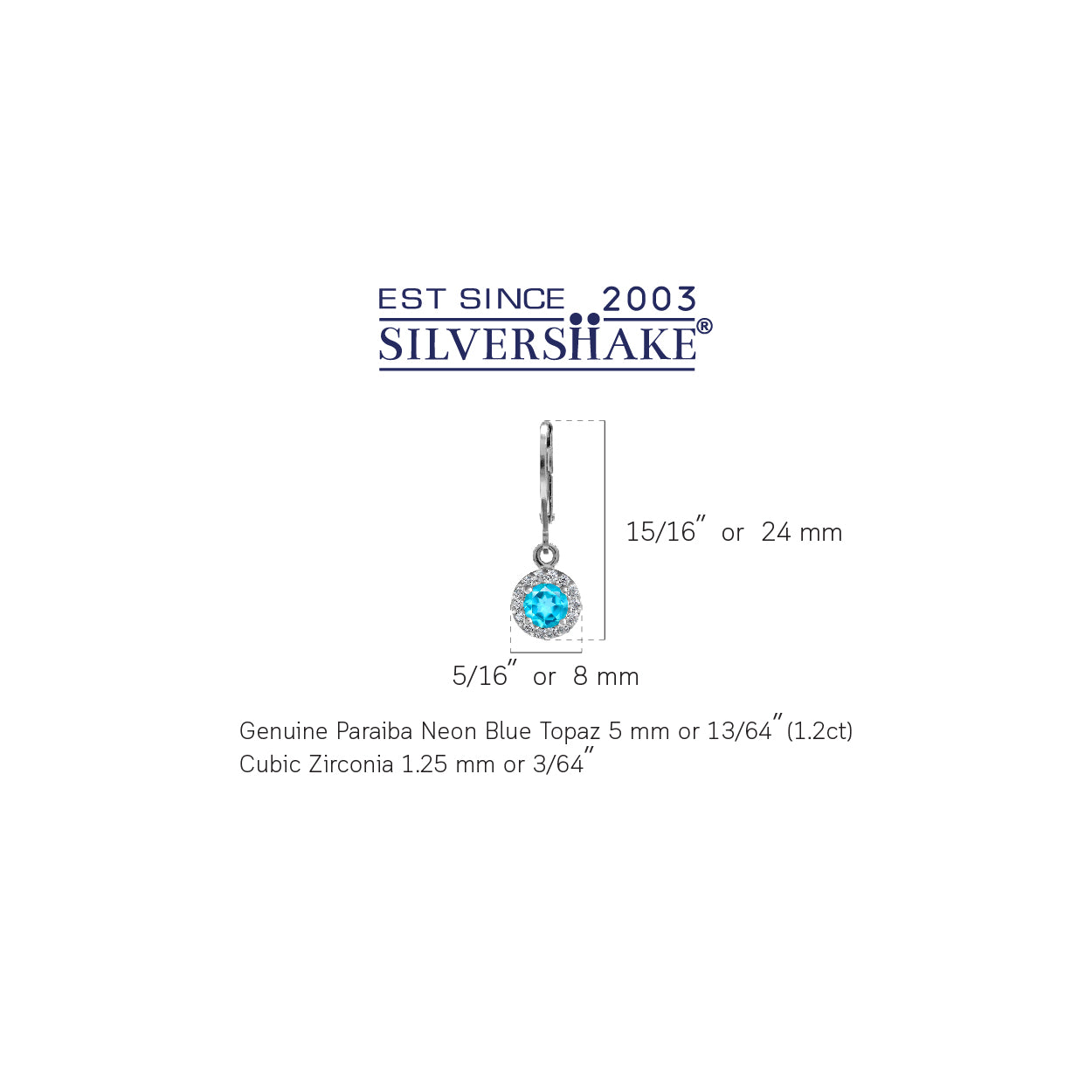 5MM Genuine Round Shape Paraiba Neon Blue Topaz 925 Sterling Silver Halo Leverback Dangle Earrings