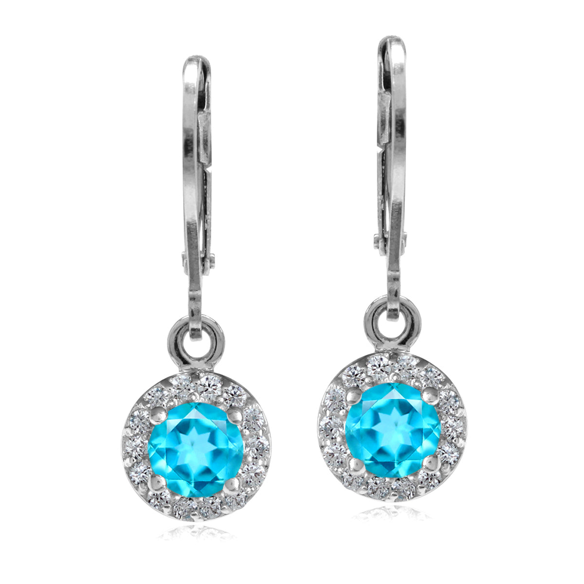5MM Genuine Round Shape Paraiba Neon Blue Topaz 925 Sterling Silver Halo Leverback Dangle Earrings