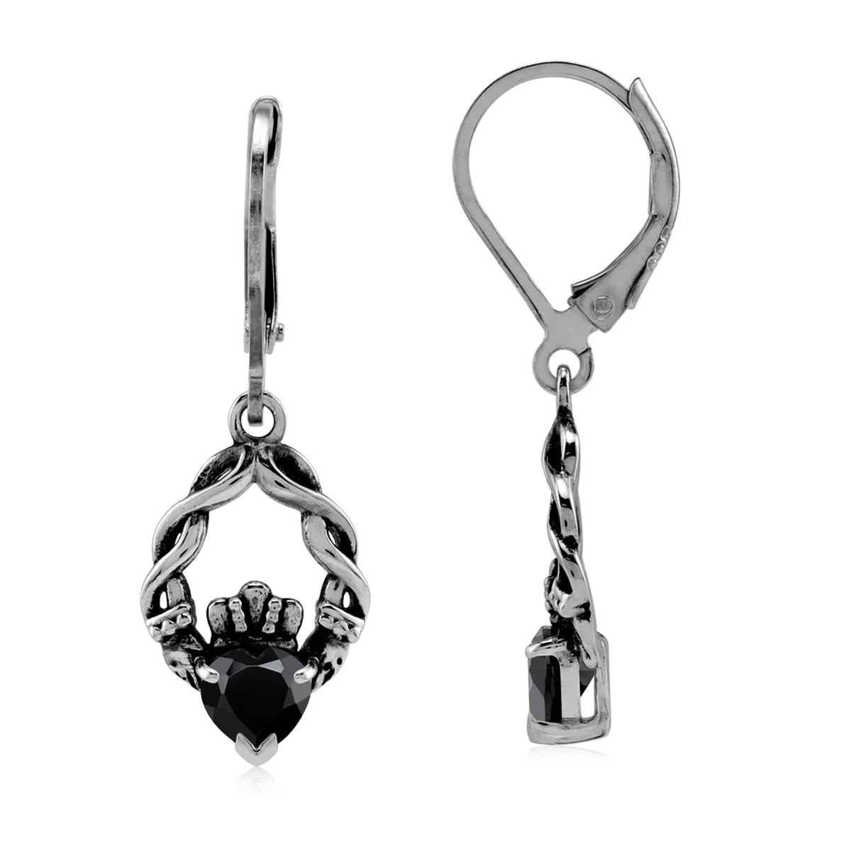 1.1 CTW Natural Heart Shape Black Onyx 925 Sterling Silver Claddagh Dangle Leverback Gemstone Earrings