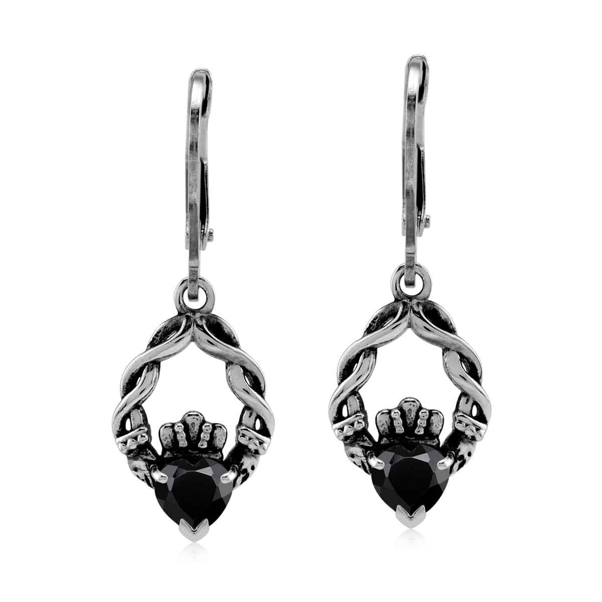 1.1 CTW Natural Heart Shape Black Onyx 925 Sterling Silver Claddagh Dangle Leverback Gemstone Earrings