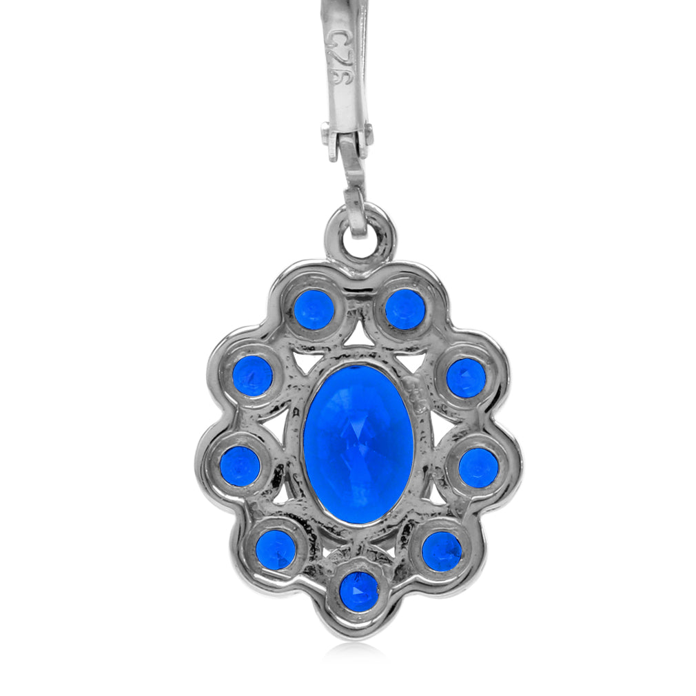 8X6mm Oval Shape Created Blue Sapphire 925 Sterling Silver Flower Cluster Leverback Dangle Earrings September Gemstone Birthstone - Silvershake-store
