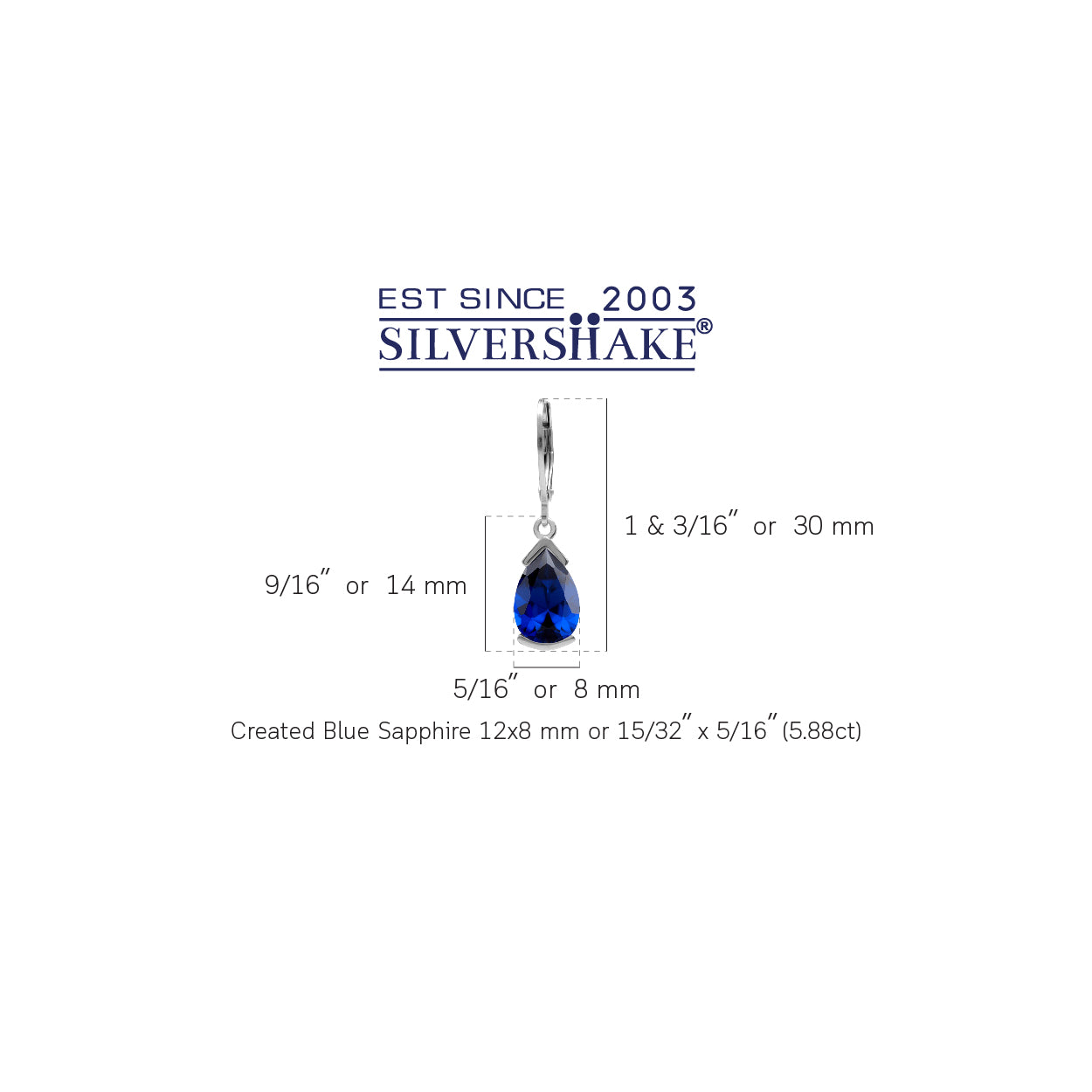 12X8mm Pear Shape Created Blue Sapphire 925 Sterling Silver Drop Dangle Leverback Earrings September Gemstone Birthstone