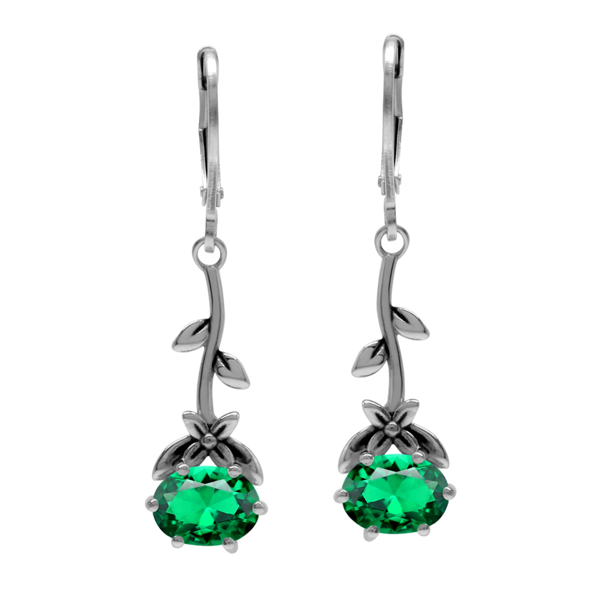 8X6mm Created Oval Shape Nano Green Emerald 925 Sterling Silver Flower and Leaf Vintage Inspired Leverback Dangle Earrings May Gemstone Birthstone - Silvershake-store