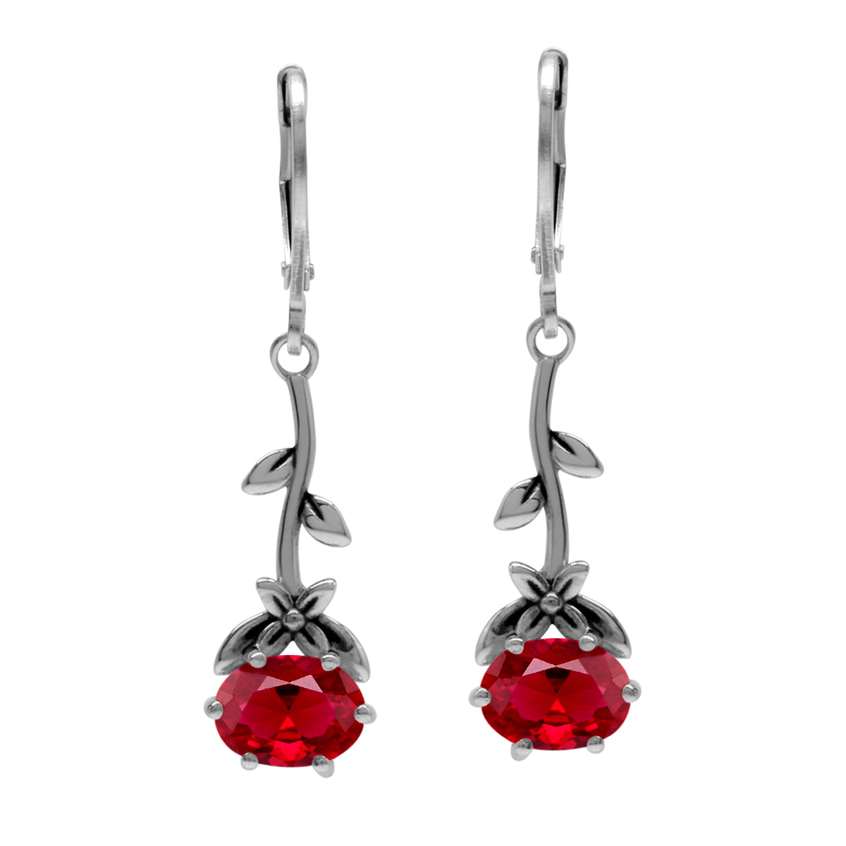 8X6mm Simulated Oval Shape Red Ruby 925 Sterling Silver Flower and Leaf Vintage Inspired Leverback Dangle Earrings July Gemstone Birthstone - Silvershake-store