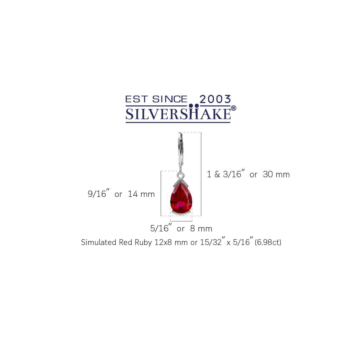 12X8mm Pear Shape Simulated Red Ruby 925 Sterling Silver Drop Dangle Leverback Earrings July Gemstone Birthstone